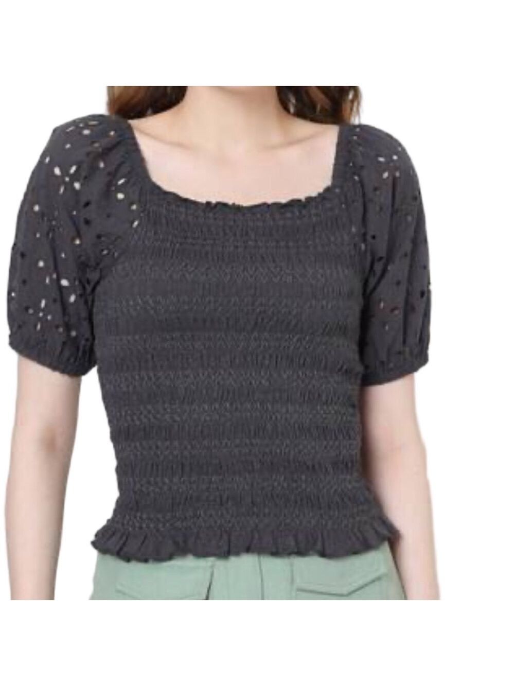 LOFT Blue Puff Eyelet Sleeve Smocked Blouse Sz medium